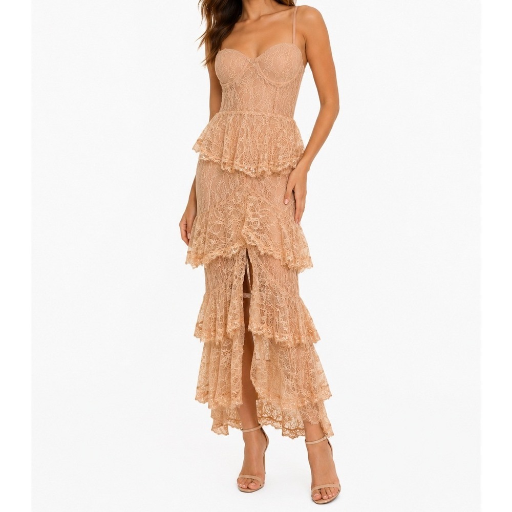 MAJORELLE Zelda Fitz Gown Nude Lace Tiered Bustier Maxi Dress S $328